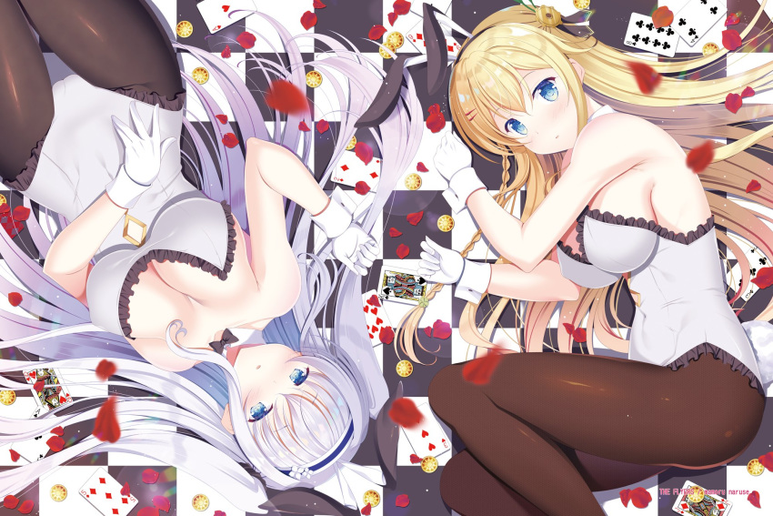 2girls animal_ears bare_arms bare_shoulders blonde_hair blue_eyes blurry bow bowtie braid breasts brown_legwear bunny_ears bunnysuit card checkered checkered_floor cleavage coin collarbone detached_collar fake_animal_ears flower_knight_girl frills gloves hair_ornament hair_spread_out hairband hairclip highres impossible_clothes impossible_leotard kinutasou_(flower_knight_girl) large_breasts leotard long_hair looking_at_viewer megi_(flower_knight_girl) multiple_girls naruse_mamoru pantyhose parted_lips petals playing_card sidelocks silver_hair white_gloves white_leotard wrist_cuffs