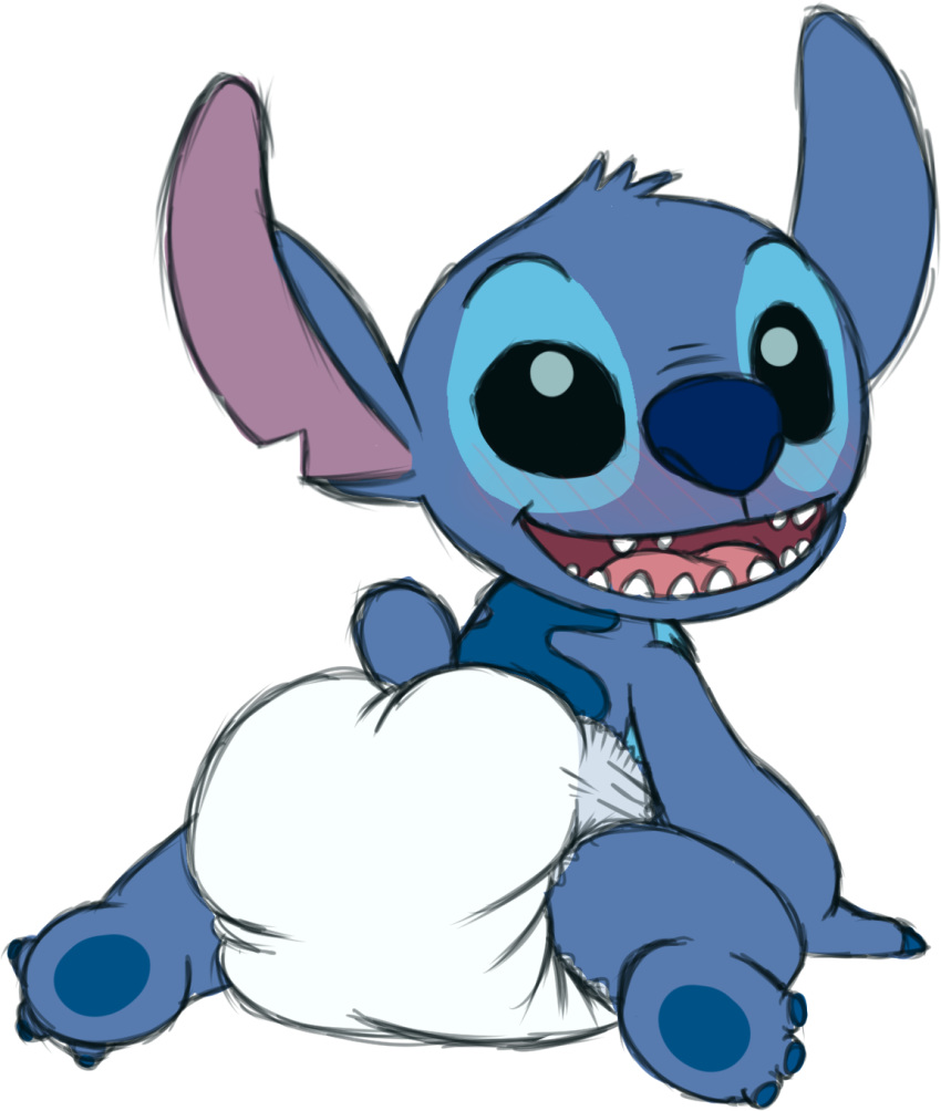 2019 3_toes alien all_fours back_markings big_ears black_eyes blue_fur blue_nose blue_pawpads blush butt chest_tuft colored_sketch diaper disney experiment_(lilo_and_stitch) fur furgonomics head_tuft hi_res kneeling lilo_and_stitch looking_at_viewer looking_back male markings notched_ear open_mouth open_smile pawpads paws simple_background small_tail smile solo stitch_(lilo_and_stitch) teeth tenerius toes tuft white_background