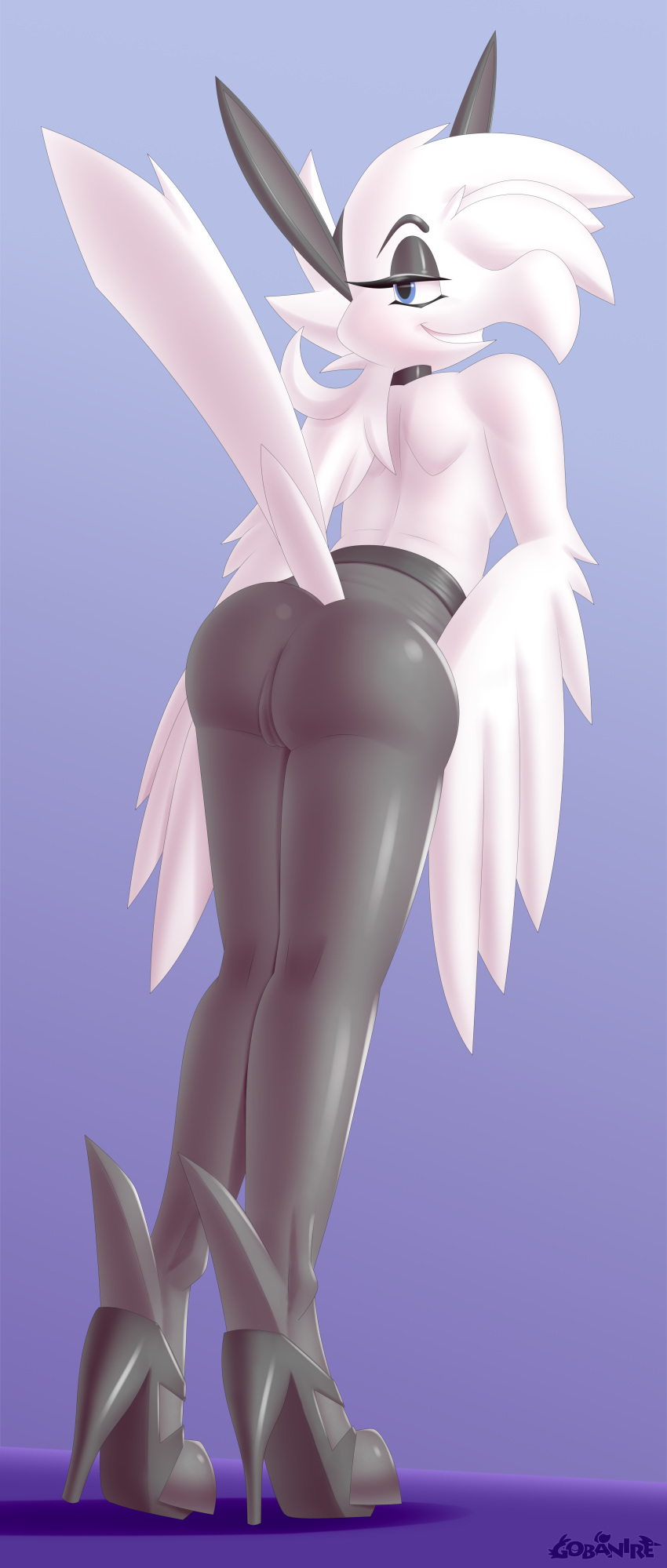 absurd_res anthro avian blue_eyes butt feather_6 feathers female gobanire hi_res looking_at_viewer simple_background solo white_feathers white_fire_(character) winged_arms wings