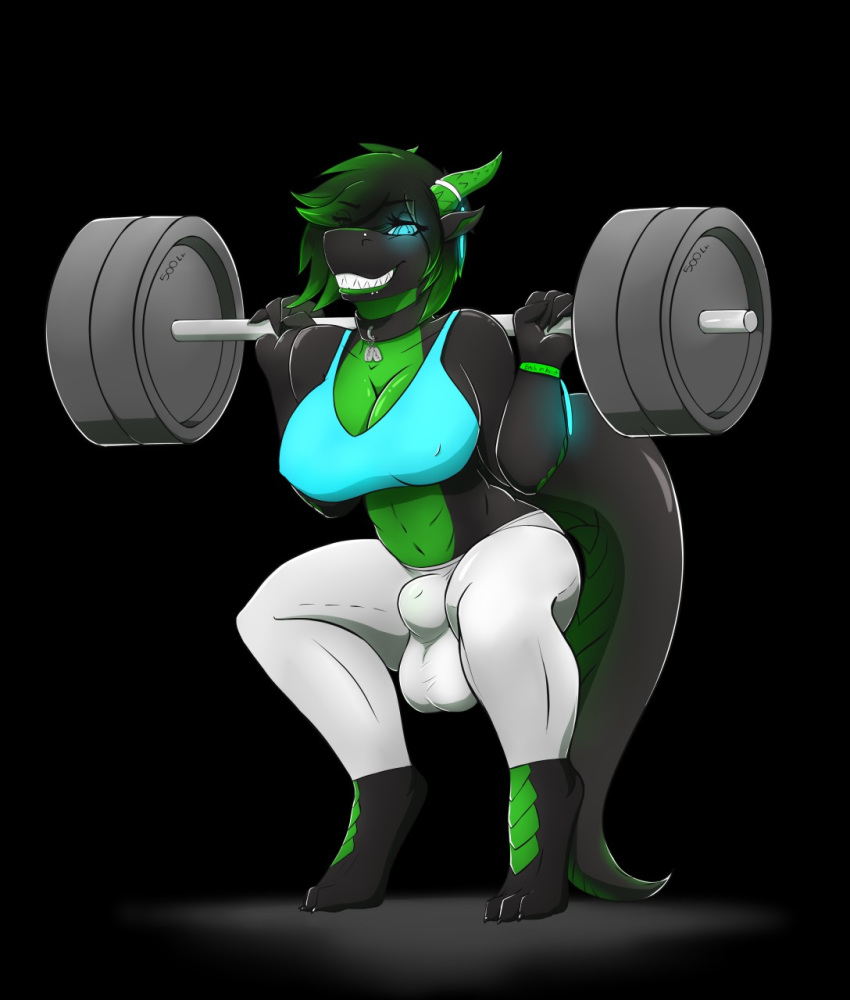 anthro barefoot big_breasts breasts bulge cleavage clothed clothing collar crouching dragon exercise eyelashes gynomorph hair hair_over_eye horn intersex midriff nipple_outline piercing smile solatok_shadowscale solo weightlifting workout zigzagmag