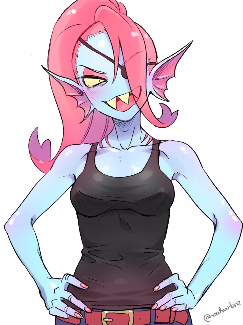 1girl blue_skin blush eyepatch head_fins highres long_hair looking_at_viewer monster_girl noaharbre open_mouth ponytail red_hair sharp_teeth shirt simple_background smile solo tank_top teeth undertale undyne white_background yellow_sclera yellow_skin yellow_teeth
