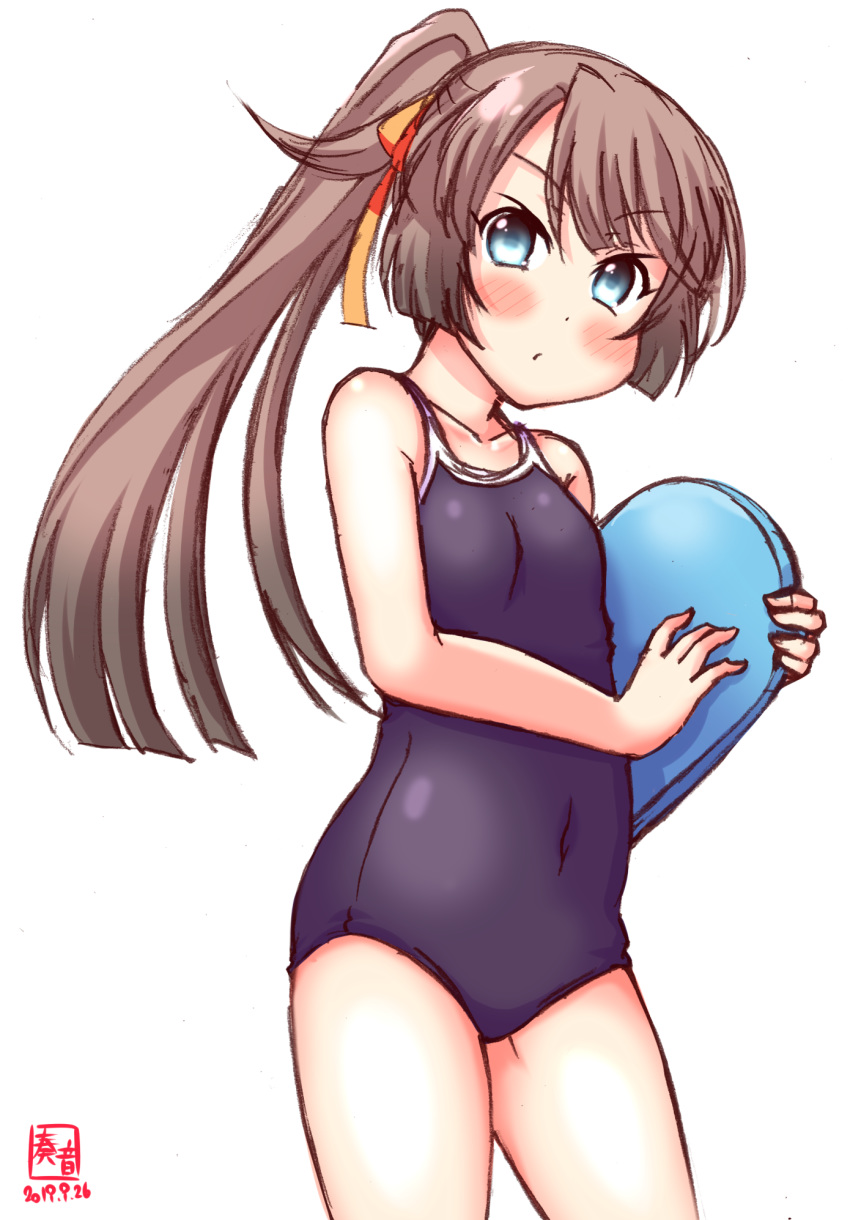 1girl alternate_costume artist_logo black_swimsuit blush brown_hair commentary_request competition_school_swimsuit contrapposto cowboy_shot dated hair_ribbon highres kanon_(kurogane_knights) kantai_collection kazagumo_(kantai_collection) kickboard long_hair looking_at_viewer ponytail pout ribbon school_swimsuit silver_eyes simple_background solo swimsuit tsurime white_background