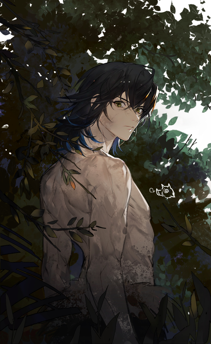 1boy black_hair boar fur gradient_hair grass green_eyes hashibira_inosuke highres kimetsu_no_yaiba leaf looking_at_viewer male_focus multicolored_hair muscle sakpi shirtless short_hair solo tree upper_body