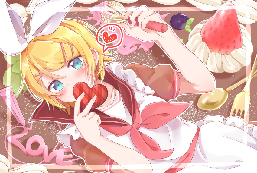 1girl apron bangs black_collar blonde_hair blue_eyes blush bow collar commentary covering_mouth cream dutch_angle eggplant food food_coloring fork frilled_apron frills fruit hair_bow hair_ornament hairclip heart highres holding_heart holding_whisk kagamine_rin looking_at_viewer lying on_back sailor_collar short_hair short_sleeves solo speech_bubble spoken_heart spoon strawberry swept_bangs tatibanamarin upper_body valentine vocaloid whisk white_bow