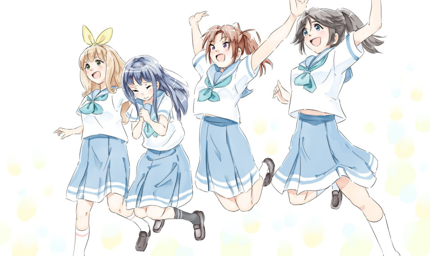 4girls black_hair blue_eyes blue_neckwear blue_sailor_collar blue_skirt brown_hair green_eyes hair_ribbon hibike!_euphonium houming kasaki_nozomi kirara_jump long_hair multiple_girls nakagawa_natsuki neckerchief open_mouth pleated_skirt ponytail purple_eyes ribbon sailor_collar school_uniform serafuku shirt short_sleeves skirt smile white_shirt yellow_ribbon yoroizuka_mizore yoshikawa_yuuko