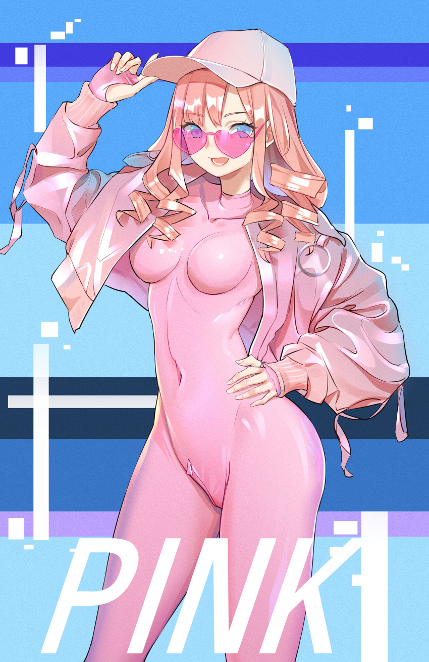 1girl :d absurdres baseball_cap blue_eyes bodystocking breasts collarbone commentary_request covered_navel cropped_jacket hand_on_headwear hand_on_hip hand_up hat heart heart-shaped_eyewear highres jacket kongbai long_hair long_sleeves looking_at_viewer medium_breasts open_clothes open_jacket open_mouth original pink_hair pink_jacket pink_theme smile solo standing sunglasses white_headwear zipper_pull_tab
