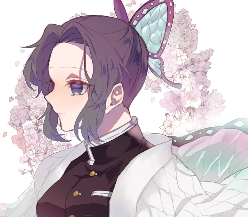 1girl black_eyes black_hair butterfly_hair_ornament flower hair_ornament haori japanese_clothes kimetsu_no_yaiba kochou_shinobu shimaneko_(pixiv71285774) sidelocks simple_background smile solo uniform upper_body