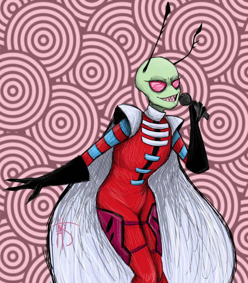 2019 3_fingers abstract_background alien alien_(masked_singer) ambiguous_gender antennae_(anatomy) biped black_antennae blue_clothing cape clothed clothing cosplay costume crossover digital_drawing_(artwork) digital_media_(artwork) eyelashes fingers front_view fully_clothed gloves green_skin half-closed_eyes handwear hatching_(art) hi_res holding_microphone holding_object humanoid invader_zim irken knock-kneed leaning leaning_forward leather leather_gloves light lighting masked_singer microphone nickelodeon no_pupils not_furry pink_background pink_eyes pink_teeth portrait pose red_clothing shadow sharp_teeth simple_background small_waist smile smirk smug solo spacebuggo spaulders spiral_background standing target teeth three-quarter_portrait zim
