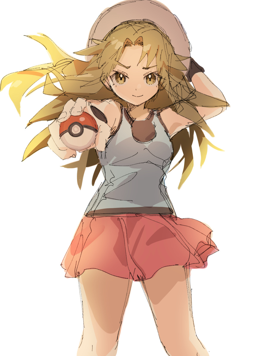 1girl adjusting_headwear ankea_(a-ramo-do) arms_up bangs bare_shoulders blue_(pokemon) blue_shirt breasts brown_eyes brown_hair closed_mouth hair_intakes happy highres holding holding_poke_ball long_hair looking_at_viewer miniskirt outstretched_arm poke_ball poke_ball_(generic) pokemon pokemon_(game) pokemon_frlg red_skirt shiny shiny_hair shirt simple_background sketch skirt sleeveless sleeveless_shirt small_breasts smile solo standing white_background white_headwear wristband