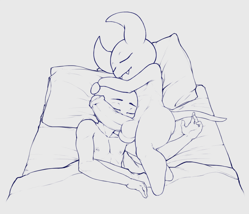 anon balls bed cuddling demon dick_on_face erection hand_on_head hi_res horn human humanoid imp male male/male mammal mark_m nipples not_furry nude penis sleeping spooning teeth v-sarg zilx_(bugmag)