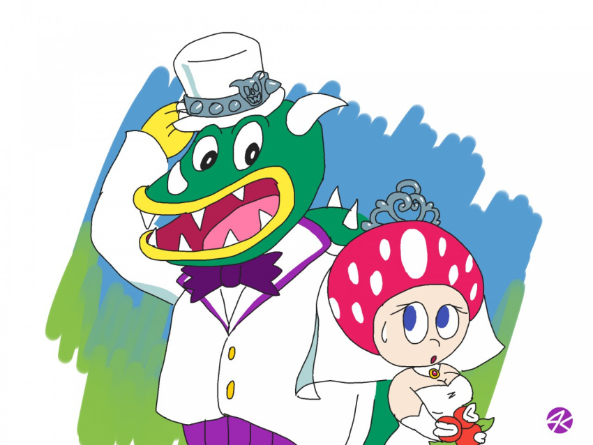 4:3 black_eyes black_tie_(suit) blue_eyes bodily_fluids bowser breasts cleavage clothed clothing crown dress female flora_fauna hat headgear headwear horn how_to_win_at_super_mario_bros. jk-kino koopa male mario_bros nintendo piranha_plant plant reptile scalie smile suit sweat sweatdrop tiara toad_(mario) turtle video_games wedding wedding_dress