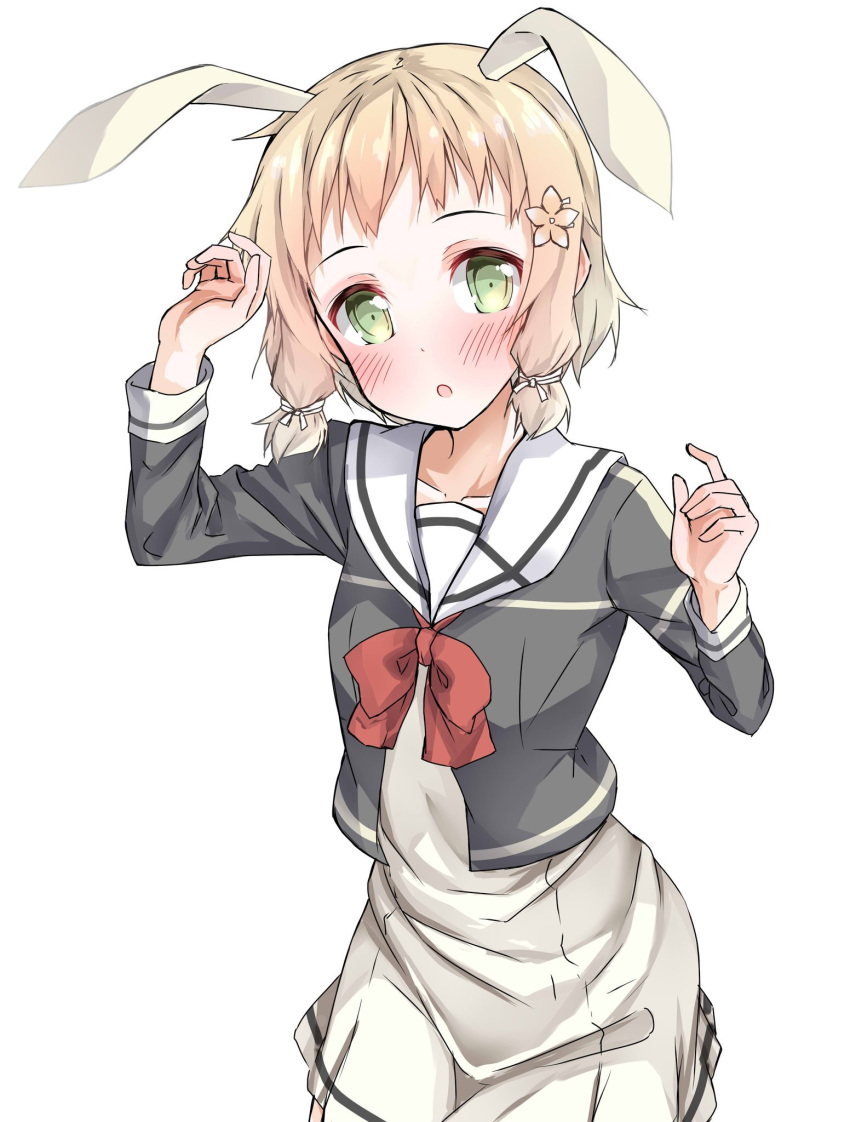 animal_ears blush bow bowtie bunny_ears collarbone dress flower green_eyes hair_flower hair_ornament head_tilt highres inubouzaki_itsuki long_sleeves looking_at_viewer open_mouth red_neckwear rits_(apud8788) sanshuu_middle_school_uniform school_uniform short_hair simple_background white_background white_dress yuuki_yuuna_wa_yuusha_de_aru yuusha_de_aru