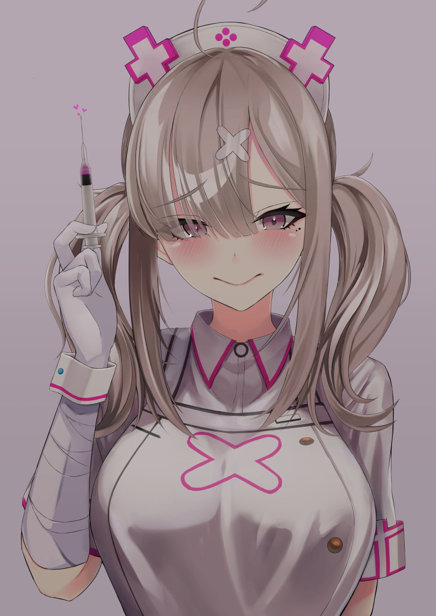 1girl absurdres ahoge aphrodisiac apron bangs blush breasts buttons closed_mouth dress gloves grey_background hair_ornament hair_over_one_eye hat heart highres holding holding_syringe large_breasts long_hair looking_at_viewer mole mole_under_eye nijisanji nurse nurse_cap purple_eyes short_sleeves silver_hair simple_background smile solo sukoya_kana syringe toshise. twintails virtual_youtuber white_apron white_dress white_gloves wrist_cuffs x_hair_ornament