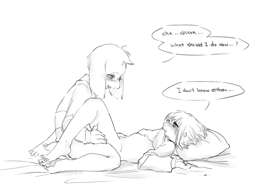 anthro asriel_dreemurr bed biting_shirt blush bovid caprine chara_(undertale) clothing dialogue eye_contact female hi_res holding_legs human human_on_anthro humor interspecies kneeling looking_at_another male mammal on_bed pillow sex simple_background text undertale video_games virginity_loss 。