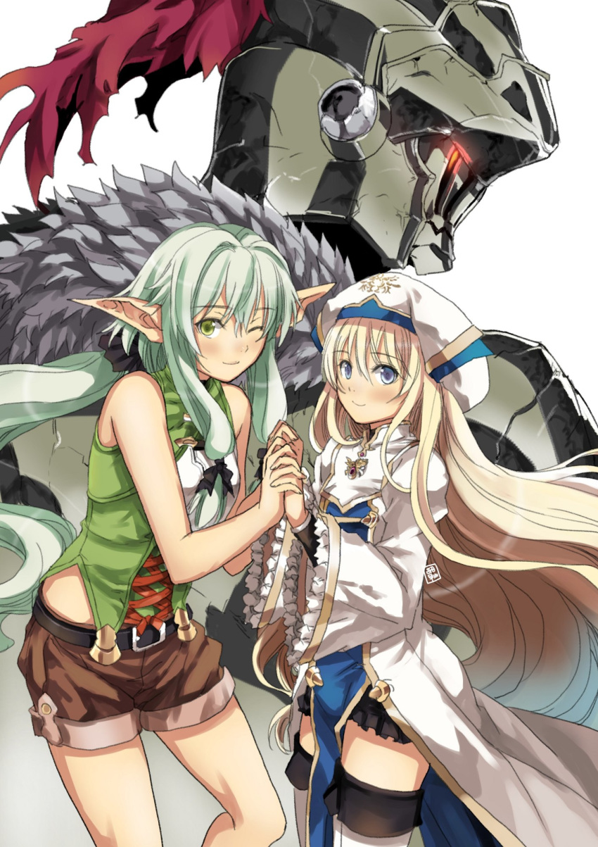 1boy 2girls armor bangs black_bow blonde_hair blue_eyes blush bow breasts commentary_request dress elf eyebrows_visible_through_hair fur_collar garimpeiro glowing glowing_eye goblin_slayer goblin_slayer! green_eyes green_hair hair_between_eyes hair_bow hat helmet high_elf_archer_(goblin_slayer!) highres long_hair long_sleeves looking_at_viewer multiple_girls pointy_ears priestess_(goblin_slayer!) red_eyes shorts sidelocks small_breasts smile thighhighs very_long_hair