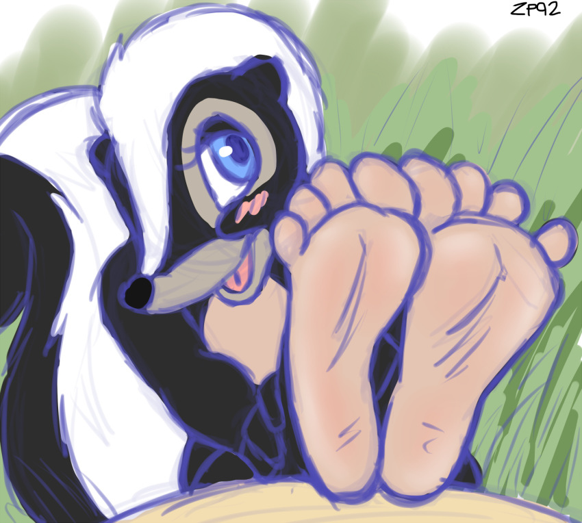 2019 4_toes bambi_(film) barefoot blush disney flower_(bambi) foot_focus fur hi_res male mammal mephitid signature sketch skunk soles solo toes zp92