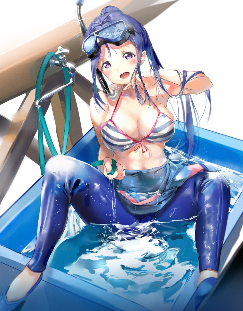 1girl :d absurdres bangs bare_arms bare_shoulders bikini_top blue_hair blush breasts cleavage collarbone diving_suit front-tie_bikini front-tie_top goggles goggles_on_head high_ponytail highres hose large_breasts looking_at_viewer love_live! love_live!_sunshine!! matsuura_kanan moshi_0208 open_mouth pool purple_eyes smile snorkel spread_legs striped_bikini_top upper_teeth valve water wet wet_hair white_background