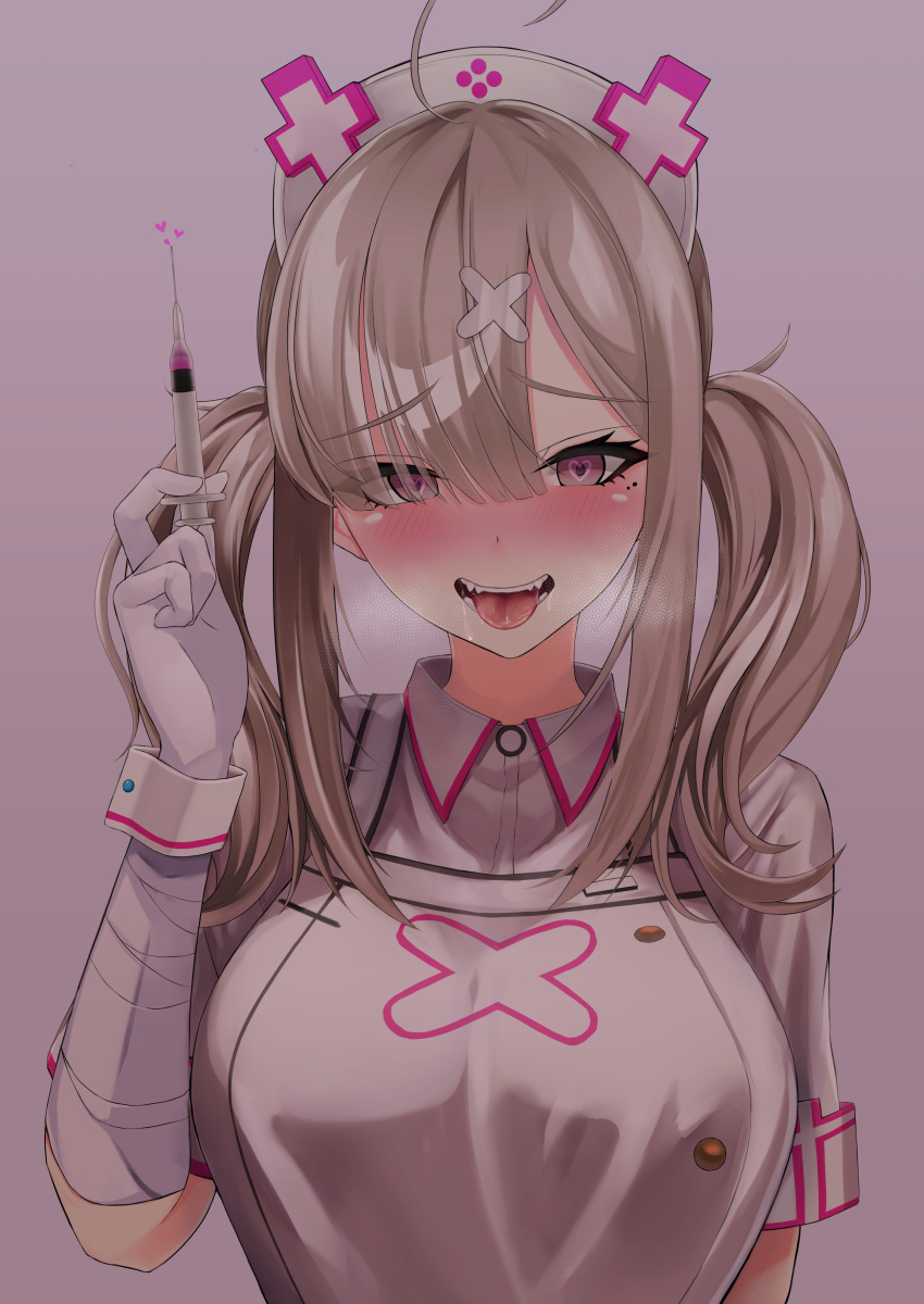 1girl absurdres ahoge aphrodisiac apron bangs blush breasts breath buttons dress gloves grey_background hair_ornament hair_over_one_eye hat heart heart-shaped_pupils highres holding holding_syringe large_breasts long_hair looking_at_viewer mole mole_under_eye nijisanji nurse nurse_cap open_mouth purple_eyes saliva sharp_teeth short_sleeves silver_hair simple_background smile solo sukoya_kana symbol-shaped_pupils syringe teeth tongue tongue_out toshise. twintails virtual_youtuber white_apron white_dress white_gloves wrist_cuffs x_hair_ornament