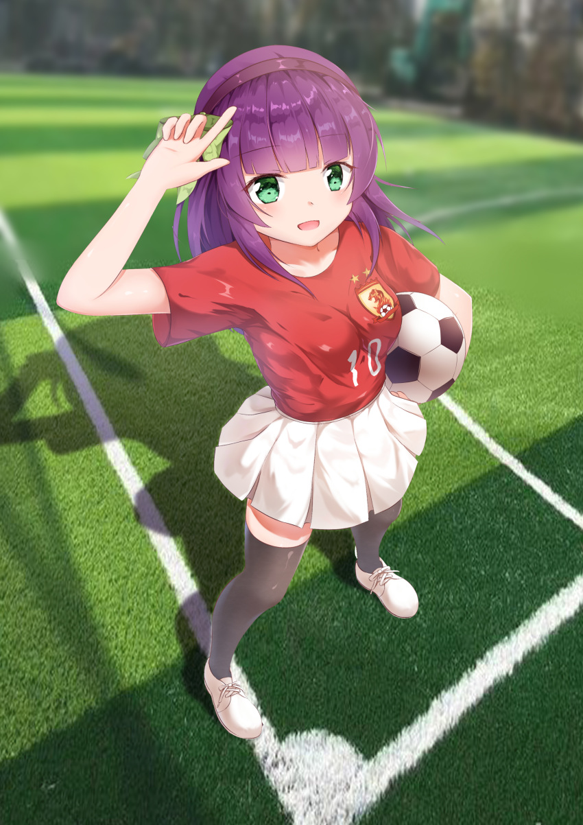 1girl :d absurdres angel_beats! arm_up ball bangs black_legwear blunt_bangs blurry blush bow breasts carrying carrying_under_arm day depth_of_field eyebrows_visible_through_hair from_above grass green_eyes hair_bow hairband highres impossible_clothes impossible_shirt jersey legs_apart long_hair looking_at_viewer looking_up open_mouth outdoors pleated_skirt pointing pointing_up purple_hair red_shirt revision shadow shiny shiny_clothes shiny_skin shirt shoes short_sleeves sidelocks skirt smile soccer soccer_ball soccer_field soccer_uniform solo sport sportswear sss_(artist) standing thighhighs white_skirt yuri_(angel_beats!) zettai_ryouiki