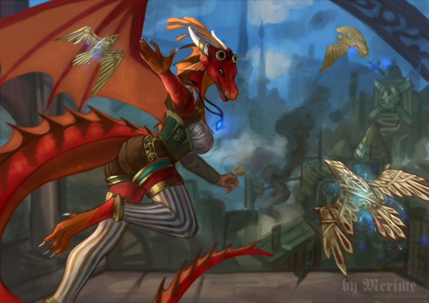 anthro breasts clothed clothing digital_media_(artwork) dragon female fully_clothed laugh merime outside rashna running safe scalie shaded signature solo steampunk wings