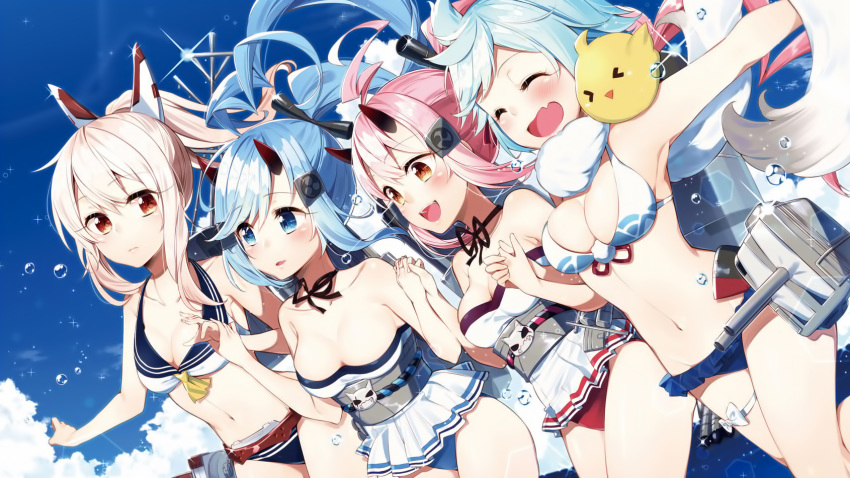 anthropomorphism ayanami_(azur_lane) azur_lane bikini blue_eyes blue_hair breasts brown_eyes cleavage cropped fubuki_(azur_lane) group horns ikazuchi_(azur_lane) inazuma_(azur_lane) pink_hair ponytail sakuragi_ren scan short_hair swimsuit white_hair