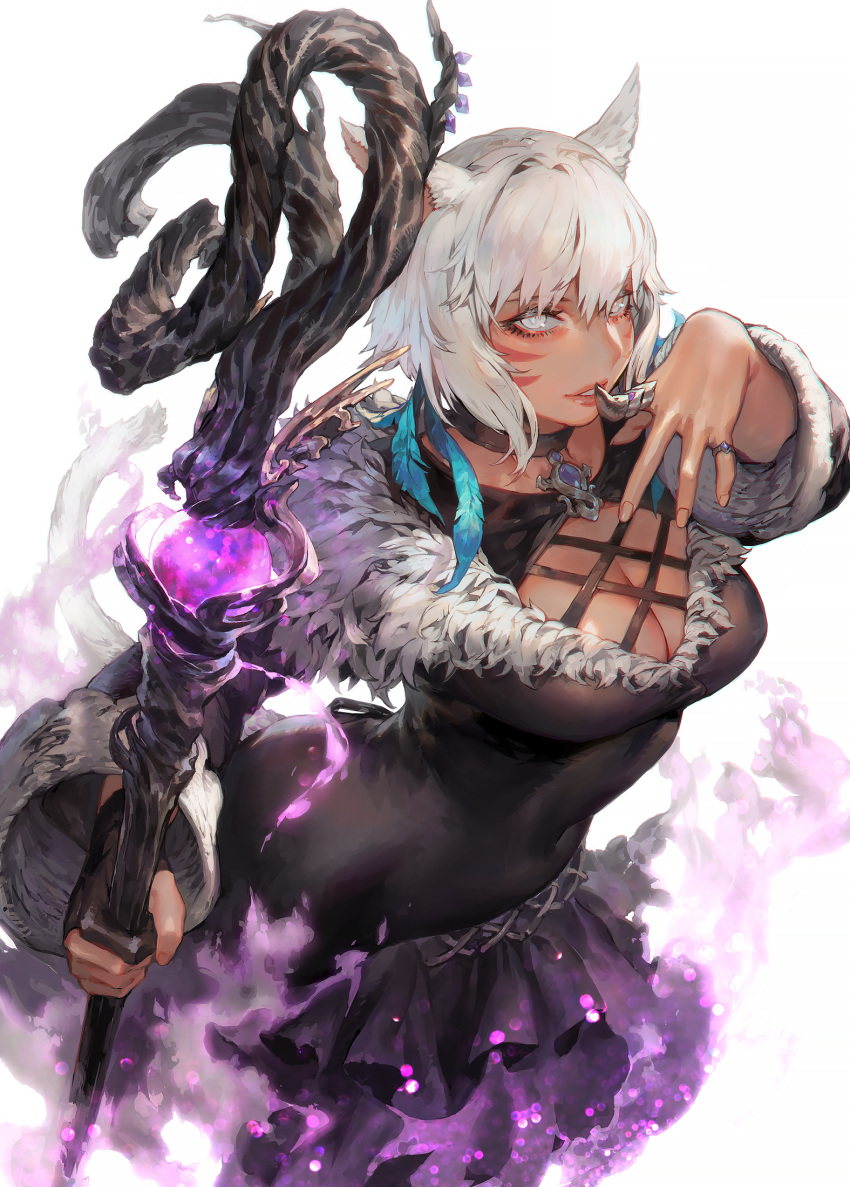 1girl animal_ears aoin aura bangs black_dress black_mage breasts bright_pupils brooch cat_ears cat_tail choker cleavage dress facial_mark feathers final_fantasy final_fantasy_xiv finger_to_mouth fur_trim gloves glowing grey_eyes grey_hair hair_feathers highres holding holding_staff jewelry light_smile lips long_sleeves looking_at_viewer magic medium_breasts miqo'te parted_lips partly_fingerless_gloves ring short_hair simple_background single_glove solo staff tail upper_body whisker_markings white_pupils y'shtola_rhul