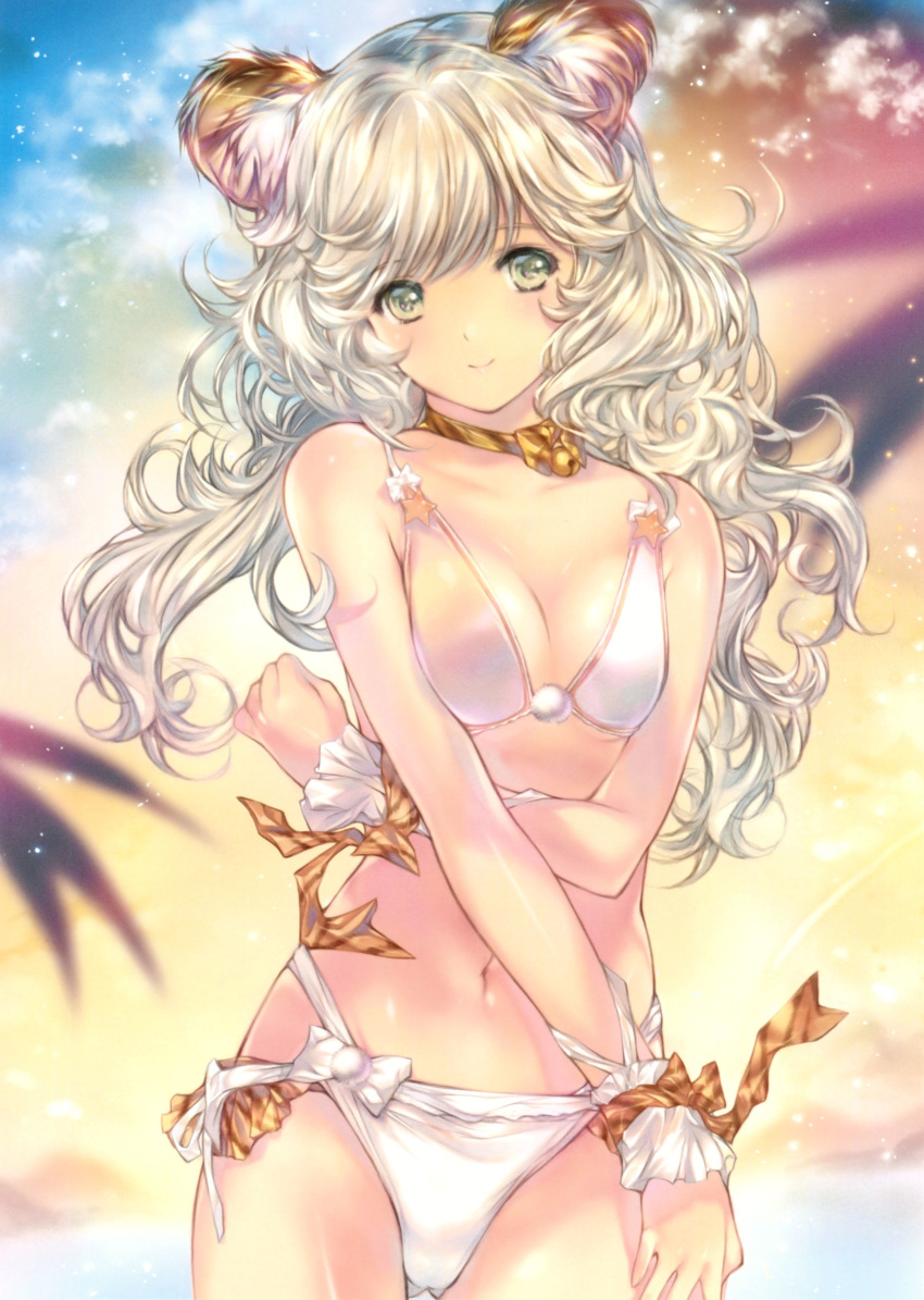 1girl absurdres animal_ear_fluff animal_ears ass_visible_through_thighs bangs bare_shoulders bell bell_collar bikini blonde_hair blue_sky blurry blurry_background bow breasts choker cleavage closed_mouth cloud cloudy_sky collar collarbone green_eyes highres lips long_hair medium_breasts min-naraken navel orange_sky outdoors pom_pom_(clothes) scan shiny shiny_hair shiny_skin sky smile solo star stomach swimsuit toranoana white_bikini wrist_cuffs