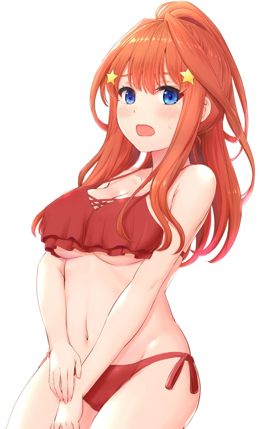 1girl absurdres ahoge bangs bare_shoulders bikini blue_eyes blunt_bangs blush breasts cleavage collarbone commentary fingernails frilled_bikini frills go-toubun_no_hanayome groin hair_ornament halter_top halterneck highres inanaki_shiki long_hair looking_at_viewer medium_breasts midriff nail_polish nakano_itsuki navel open_mouth pink_nails ponytail red_hair side-tie_bikini sidelocks simple_background solo standing star star_hair_ornament stomach sweatdrop swimsuit underboob white_background