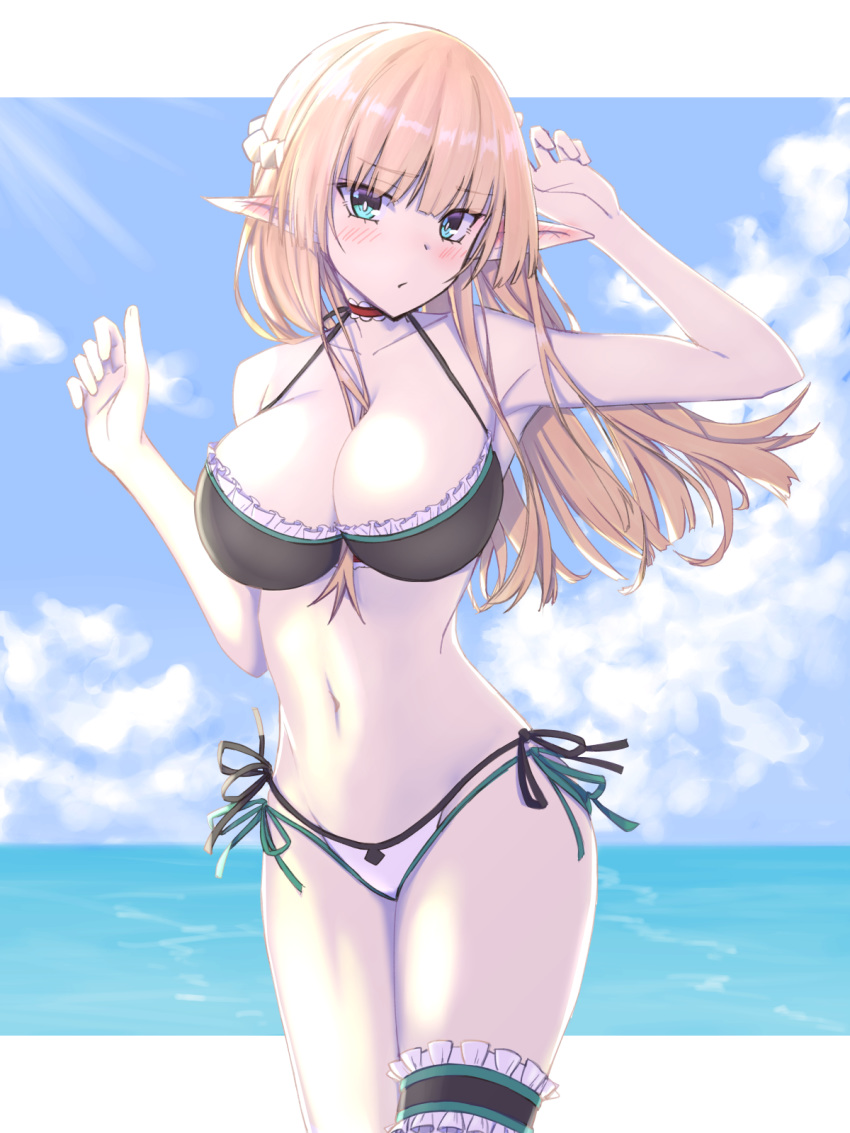 1girl bangs bare_arms bare_shoulders beach black_bikini_top blonde_hair blue_eyes blush braid breasts collarbone commentary_request day elf elfenlied22 hair_between_breasts highres huge_breasts large_breasts navel original outdoors pointy_ears thigh_strap white_bikini_bottom