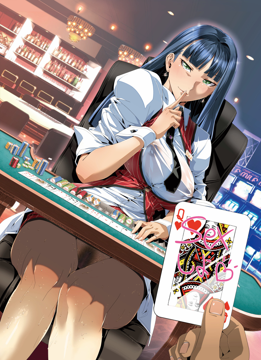 1girl absurdres alcohol bangs bar black_neckwear blue_hair blush bottle breasts card casino casino_card_table chair chandelier collared_shirt commentary_request covered_nipples dress_shirt earrings eyebrows_visible_through_hair finger_to_mouth gambling green_eyes highres hime_cut holding holding_card index_finger_raised indoors jewelry large_breasts long_hair name_tag original playing_card poker_chip pubic_hair pussy red_vest ring schelz see-through shirt sleeves_rolled_up slot_machine sweat table thighs vest white_shirt wrist_cuffs