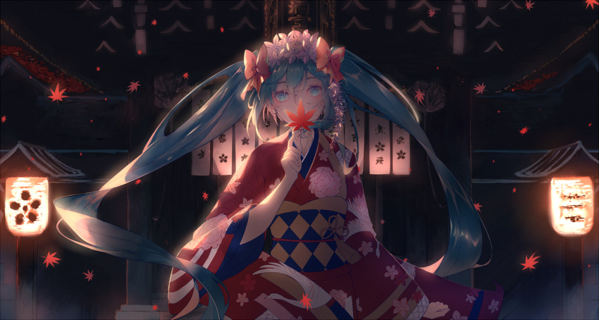 1girl aqua_eyes aqua_hair autumn bangs blue_eyes bow floating_hair flower hair_between_eyes hair_bow hair_flower hair_ornament hand_up hatsune_miku hidden_mouth holding holding_leaf japanese_clothes kimono leaf long_hair long_sleeves looking_at_viewer pink_flower red_bow red_kimono solo suketto_0112 traditional_clothes twintails very_long_hair vocaloid wide_sleeves