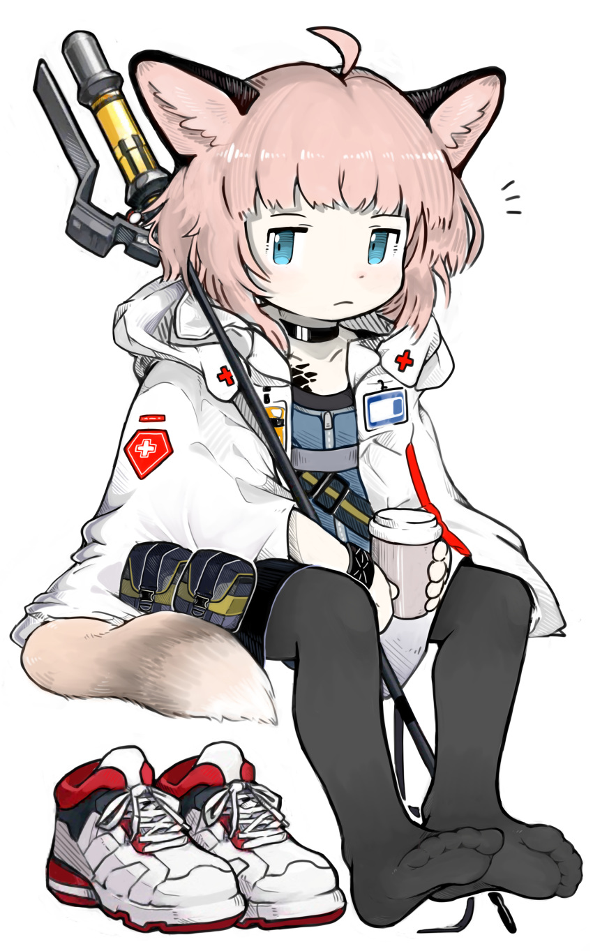 1girl absurdres ahoge animal_ear_fluff animal_ears arknights badge bangs barefoot black_legwear blue_eyes caduceus coffee_cup collar cup disposable_cup dot_nose fox_ears fox_girl fox_tail frown full_body highres holding holding_staff hooded_coat long_sleeves looking_at_viewer menla no_shoes pantyhose pouch shoes_removed short_hair sitting soles solo staff sussurro_(arknights) tail toes white_background white_coat