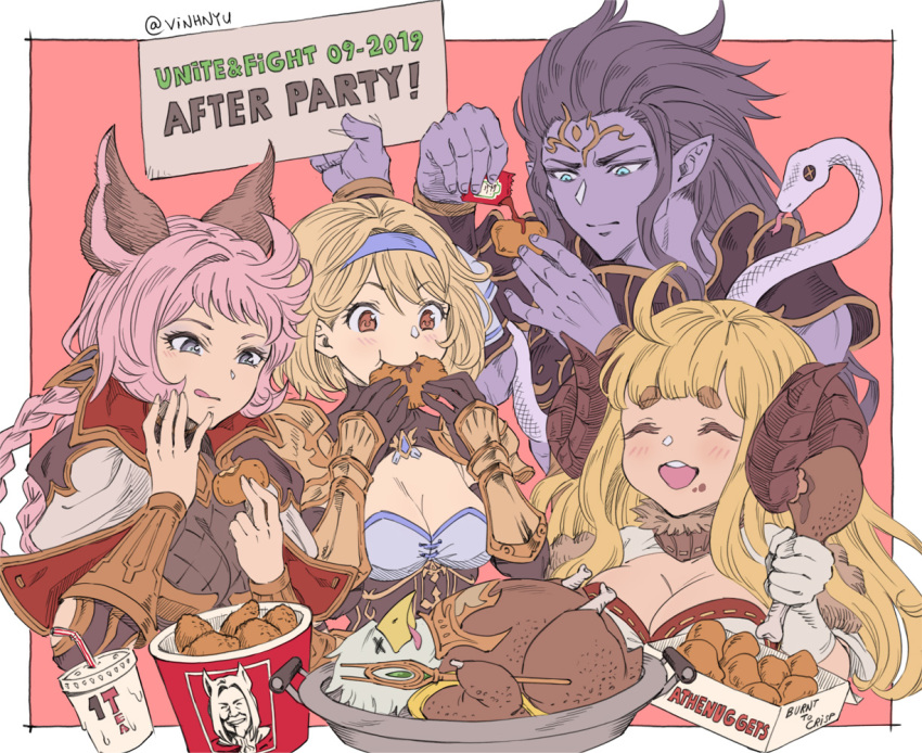 1boy 3girls ahoge anila_(granblue_fantasy) animal_ears armor black_hair blonde_hair blue_eyes blue_skin blush braid breasts brown_eyes bucket chicken_nuggets chrysaor_(granblue_fantasy) cleavage commentary_request djeeta_(granblue_fantasy) draph drink eating erune esser fried_chicken garula_shining_hawk granblue_fantasy grey_eyes hair_intakes hairband hikimayu horns ketchup kfc long_hair multiple_arms multiple_girls open_mouth pink_hair pointy_ears shiva_(granblue_fantasy) short_hair smile snake tongue tongue_out twin_braids upper_body vinhnyu x_x