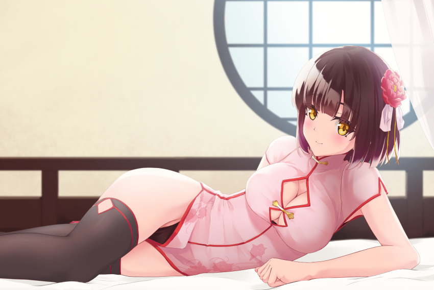 1girl absurdres bangs bed bed_sheet black_legwear black_panties blunt_bangs blush breasts brown_hair china_dress chinese_clothes cleavage cleavage_cutout closed_mouth commentary dress eyebrows_visible_through_hair flower hair_between_eyes hair_flower hair_ornament highres indoors katou_megumi large_breasts light_(sdga5524) looking_at_viewer lying medium_breasts on_bed on_side panties pelvic_curtain red_flower saenai_heroine_no_sodatekata short_hair short_sleeves side_slit smile solo thighhighs underwear yellow_eyes