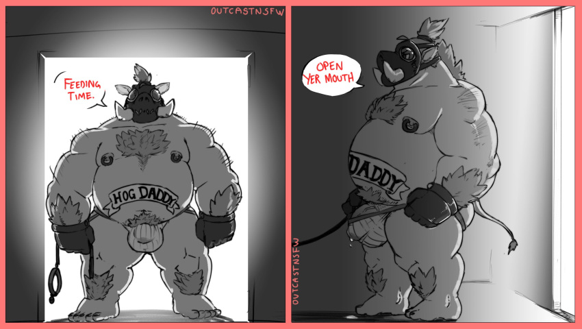 2019 anthro belly big_belly blizzard_entertainment bodily_fluids bulge clothed clothing dialogue digital_drawing_(artwork) digital_media_(artwork) domestic_pig english_text fur genital_fluids glistening gloves hair handwear hi_res leash male mammal mask nintendo offscreen_character outcast-stars overwatch overweight precum roadhog_(overwatch) rubber solo speech_bubble standing suid suina sus_(pig) tattoo text topless tusks underwear video_games