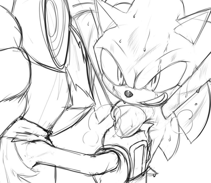 anthro belly belly_grab belly_squish black_and_white bodily_fluids bound_wrists breath canid canine canis clothing dripping duo eulipotyphlan gloves handwear hedgehog hi_res infinite_(sonic) jackal kalk427 looking_at_another male mammal mask monochrome open_mouth scratches sketch sonic_(series) sonic_forces sonic_the_hedgehog squeezing squish sweat