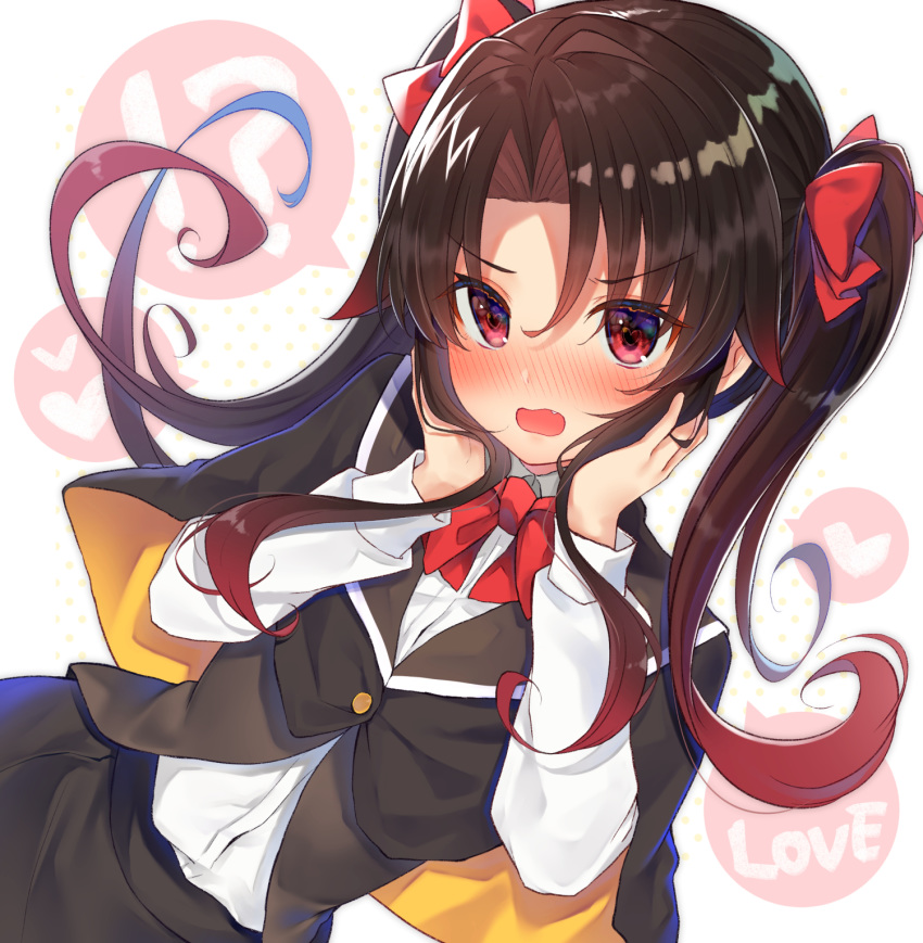 !? 1girl bangs black_cape black_skirt black_vest blush bow brown_hair cape collared_shirt commentary_request dress_shirt english_text eyebrows_visible_through_hair fang gradient_hair gyozanuko hair_between_eyes hair_bow hands_on_own_face hands_up heart heart-shaped_pupils highres multicolored multicolored_cape multicolored_clothes multicolored_hair nose_blush open_mouth orange_cape red_bow red_eyes red_hair ryuuou_no_oshigoto! shirt skirt solo spoken_heart spoken_interrobang symbol-shaped_pupils twintails vest white_background white_shirt yashajin_ai