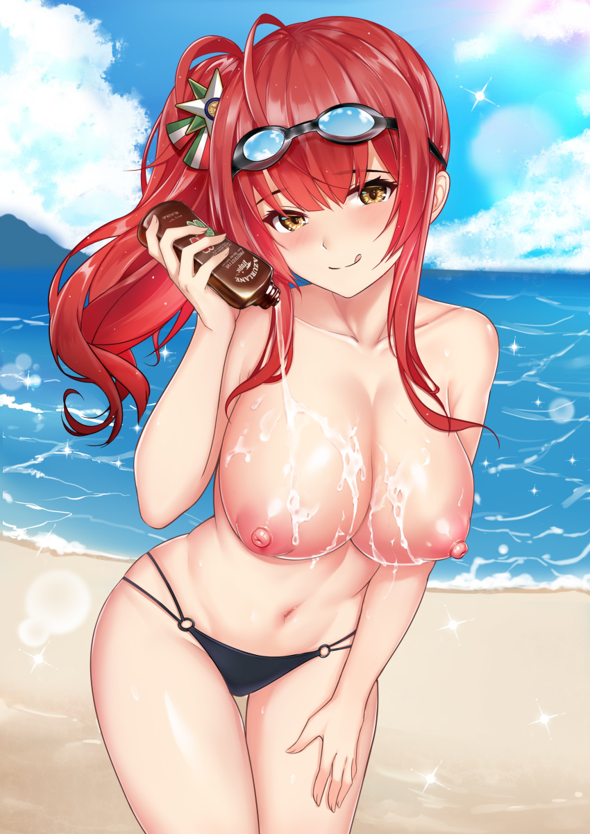 1girl absurdres azur_lane bangs bare_legs bare_shoulders beach bikini black_bikini blue_sky blush bottle breasts closed_mouth cloud collarbone commentary cowboy_shot day eyebrows_visible_through_hair eyelashes goggles goggles_on_head hair_between_eyes highres holding holding_bottle horizon large_breasts leaning_forward long_hair looking_at_viewer lotion lotion_bottle multi-strapped_bikini navel nipples o-ring o-ring_bikini o-ring_bottom o-ring_top ocean outdoors red_hair sand side_ponytail sidelocks skindentation sky smile solo standing sunscreen swimsuit topless water xiao_dao_jun yellow_eyes zara_(azur_lane) zara_(poolside_coincidence)_(azur_lane)