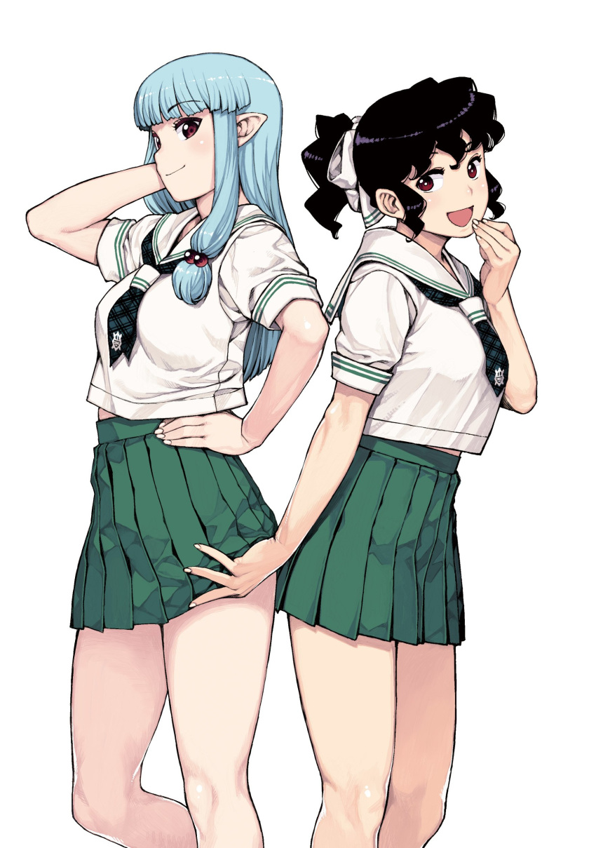 2girls absurdres assisted_exposure bangs bare_legs black_hair blue_hair curly_hair eyebrows_visible_through_hair feet_out_of_frame green_skirt hair_bobbles hair_ornament hair_ribbon hamada_yoshikazu high-waist_skirt highres kagami_kanaka kiriha_(tsugumomo) long_hair looking_at_viewer miniskirt multiple_girls neckerchief official_art pleated_skirt pointy_ears ponytail ribbon sailor_collar school_uniform serafuku shirt sidelocks skirt skirt_lift smile tsugumomo white_shirt