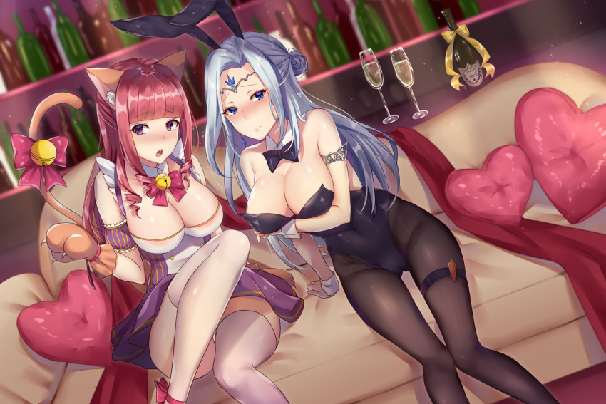 2girls :o alcohol animal_ears bangs bare_shoulders bell black_bow black_legwear blue_eyes blunt_bangs blush bottle bow breasts bunny_ears bunnysuit cat_ears cat_girl cat_paws cat_tail cleavage commentary_request copyright_request couch dress eyebrows_visible_through_hair grey_hair heart heart_pillow large_breasts looking_at_viewer multiple_girls navel pantyhose paws pillow red_bow red_eyes red_hair red_pillow sitting tail tail_bell tail_bow thighhighs white_hair white_legwear zhi_zhi/zu_zu