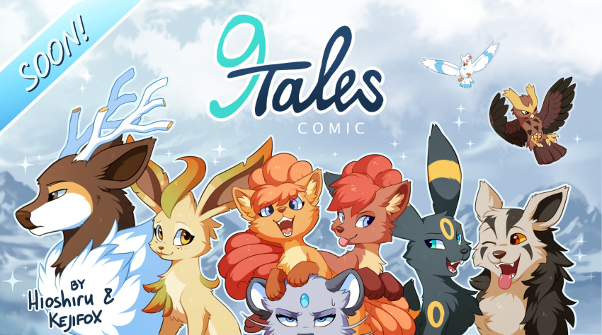 2019 9tales_comic ambiguous_gender annoyed avian blue_eyes bodily_fluids brown_eyes canid canine cervid cervine chest_tuft chief_(9tales) cloud dean_(9tales) digital_media_(artwork) eeveelution english_text erin_(9tales) fallie_(9tales) fangs felicity_(9tales) felid feline feral flora_fauna flying glacie_(9tales) group happy hi_res hioshiru leafeon looking_aside looking_at_another looking_at_viewer lumen_(9tales) mammal mightyena mountain nintendo noctowl one_eye_closed open_mouth outside persian_(pok&eacute;mon) pex_(9tales) plant pok&eacute;mon pok&eacute;mon_(species) red_eyes sammy_(9tales) sawsbuck sergkz sitting smile sweat teeth text tongue tongue_out tuft umbreon video_games vulpix whiskers wingull yellow_eyes yellow_sclera
