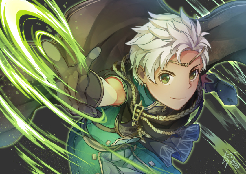 1boy artist_name belt boey_(fire_emblem) cape circlet dark_skin fire_emblem fire_emblem_echoes:_shadows_of_valentia gloves green_eyes solo upper_body white_hair yukimiyuki