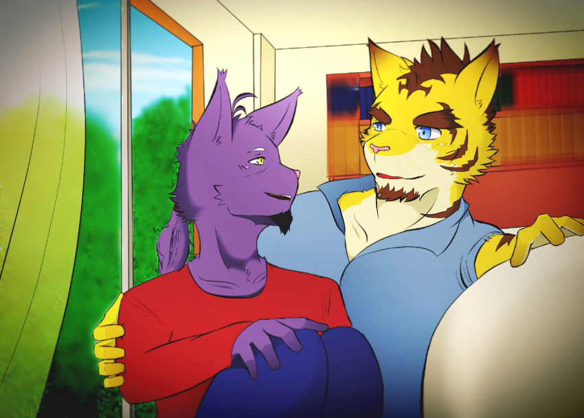 aged_up anthro beard cuddling domestic_cat duo facial_hair felid feline felis hi_res male male/male mammal morenatsu pantherine shin_(morenatsu) smile sunny tiger torahiko_(morenatsu) パオマー