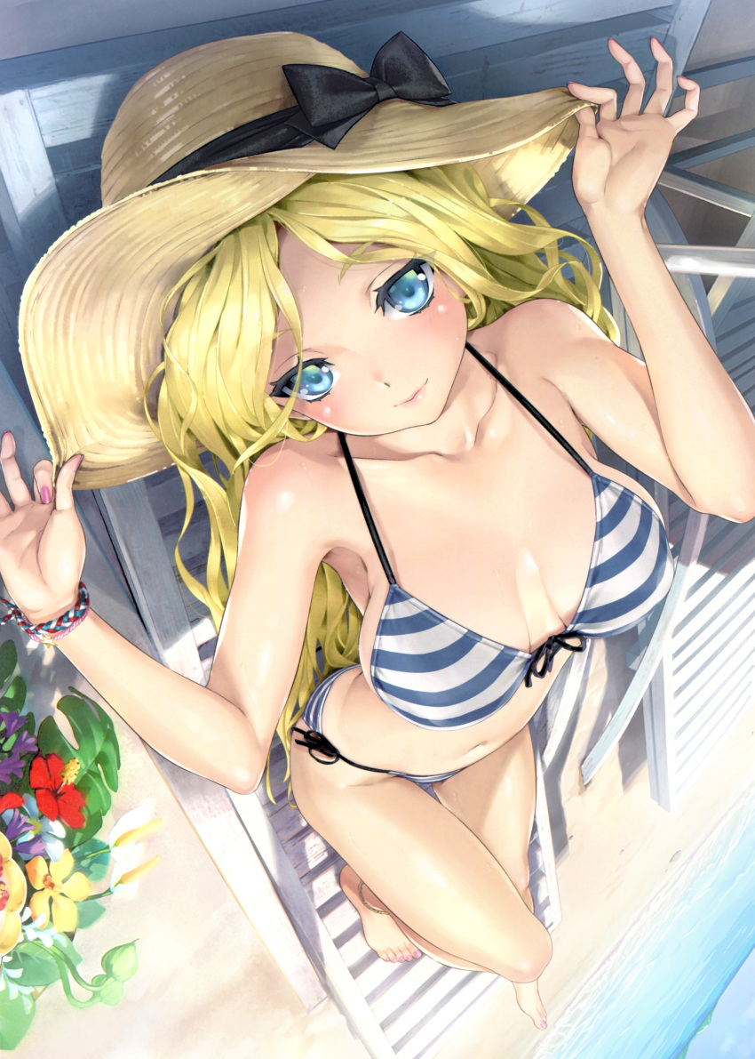 1girl absurdres bangs bare_shoulders barefoot beach beach_chair bikini blonde_hair blue_eyes breasts closed_mouth cloud cloudy_sky day eyebrows_visible_through_hair fingernails flower front-tie_bikini front-tie_top happoubi_jin hat highres jewelry lips medium_breasts nail_polish navel ocean outdoors scan shiny shiny_hair shiny_skin side-tie_bikini sitting sky smile solo stomach striped striped_bikini sun_hat sweat sweatdrop swimsuit thighs toenail_polish toenails toes toranoana water