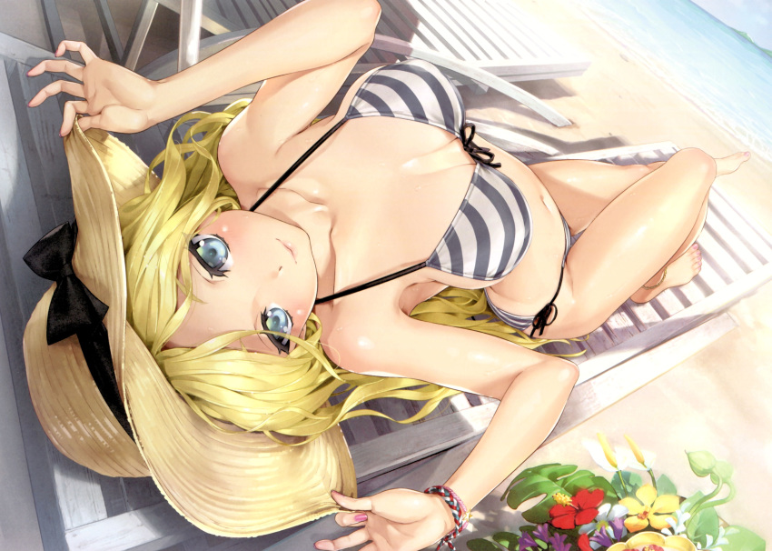 1girl absurdres bangs bare_shoulders barefoot beach beach_chair bikini blonde_hair blue_eyes breasts closed_mouth cloud cloudy_sky day eyebrows_visible_through_hair fingernails flower front-tie_bikini front-tie_top happoubi_jin hat highres jewelry lips medium_breasts nail_polish navel ocean outdoors scan shiny shiny_hair shiny_skin side-tie_bikini sitting sky smile solo stomach striped striped_bikini sun_hat sweat sweatdrop swimsuit thighs toenail_polish toenails toes toranoana water
