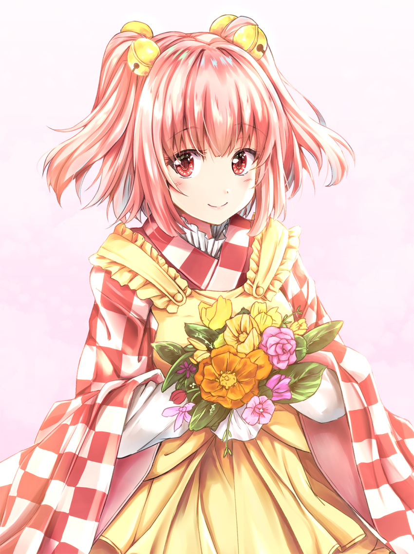 1girl apron bangs bell blush bouquet checkered checkered_kimono commentary_request cowboy_shot eyebrows_visible_through_hair flower frilled_apron frills fule gradient gradient_background hair_bell hair_ornament highres holding holding_flower japanese_clothes jingle_bell kimono leaf long_sleeves looking_at_viewer motoori_kosuzu orange_flower pink_background pink_flower pink_hair red_eyes red_flower red_kimono short_hair smile solo standing touhou two_side_up white_kimono wide_sleeves yellow_apron yellow_flower