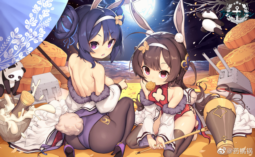 2girls ahoge animal_ears artist_name ass azur_lane back backless_leotard backless_outfit bangs bare_back bare_shoulders blue_hair blunt_bangs blush braid breasts brown_hair bunny_ears bunny_girl bunny_tail bunnysuit cannon cleavage_cutout coat covered_collarbone double_bun eyebrows_visible_through_hair fake_animal_ears fake_tail food_in_mouth fur_coat hair_bun hair_ornament hair_ribbon hairband hammer high_heels highleg highleg_leotard highres holding holding_hammer kneeling leotard long_hair long_sleeves looking_at_viewer looking_back machinery medium_breasts moon multiple_girls night night_sky ning_hai_(azur_lane) ning_hai_(moon_palace_rabbit)_(azur_lane) no_shoes off_shoulder official_art open_clothes open_coat open_mouth oriental_umbrella panda pantyhose ping_hai_(azur_lane) ping_hai_(osmanthus_moon_rabbit)_(azur_lane) pink_eyes purple_eyes purple_leotard red_leotard ribbon shanyao_jiang_tororo shoulder_blades sideboob sitting sky sleeveless small_breasts strapless strapless_leotard tail thighhighs thighs tied_hair toeless_legwear turret two_side_up umbrella v-shaped_eyebrows wariza water
