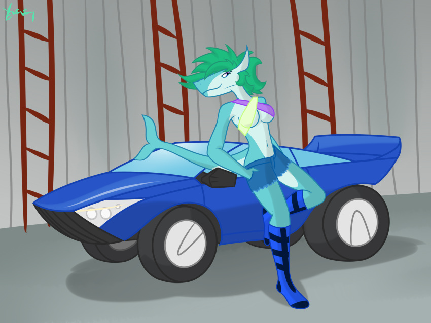 4:3 absurd_res aniyah bottomwear bra breasts car clothed clothing concept digital_media_(artwork) female fish hi_res invalid_tag legwear long_socks marine shark shorts simple_background socks solo underwear vehicle yenchey