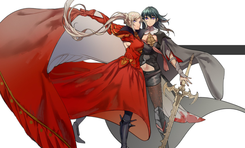 2girls armor bangs blonde_hair blue_eyes blue_hair blunt_bangs breasts byleth_(fire_emblem) byleth_(fire_emblem)_(female) cape chocolate_(jitong) closed_mouth edelgard_von_hresvelg fire_emblem fire_emblem:_three_houses gloves hair_ornament highres long_hair looking_at_viewer medium_hair multiple_girls pantyhose ponytail short_hair side_ponytail simple_background sword uniform upper_body weapon white_background