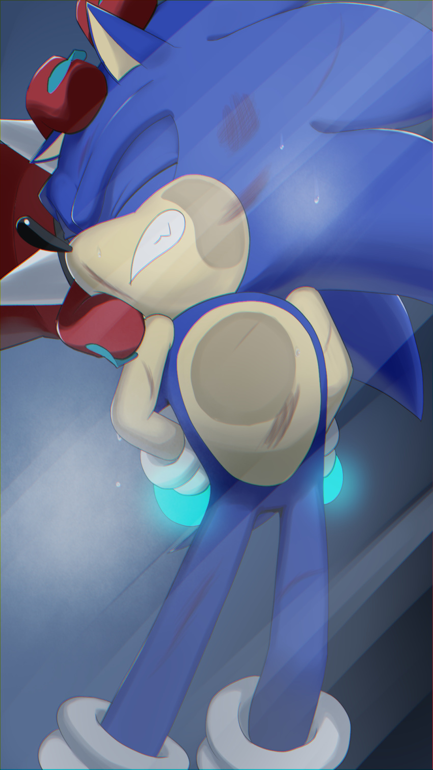 anthro blue_fur bodily_fluids clenched_teeth clothing duo eulipotyphlan eyes_closed fur gloves glowing grimace handcuffs hands_behind_back handwear head_grab hedgehog hi_res kalk427 male mammal on_glass red_skin scratches shackles sonic_(series) sonic_forces sonic_the_hedgehog spikes sweat teeth wallpaper wounded zavok zeti